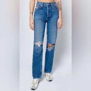 Re/Done 30 Jeans 90s High Rise Loose Denim Rips Raw Hem Blue